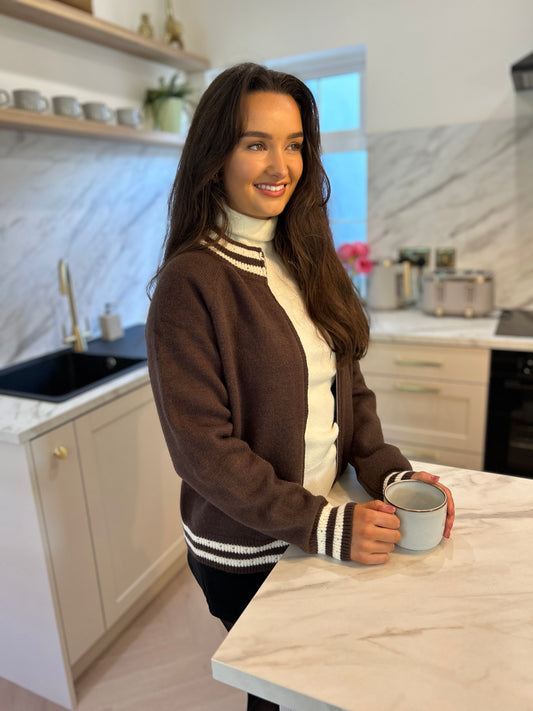 Chocolate Brown Knitted Bomber Jacket with Cream Stripe Trim