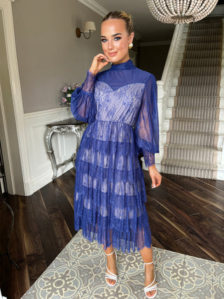 Tilly Tiered Lace Dress In Blue