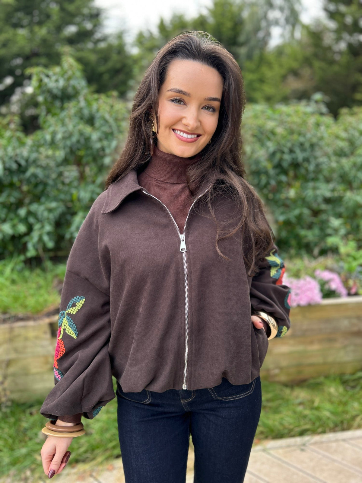Clara Embroidered Bomber Chocolate