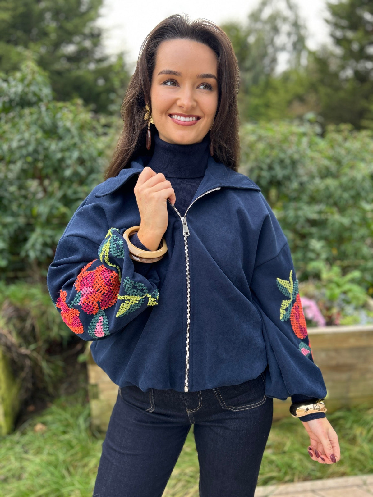 Clara Embroidered Bomber Navy