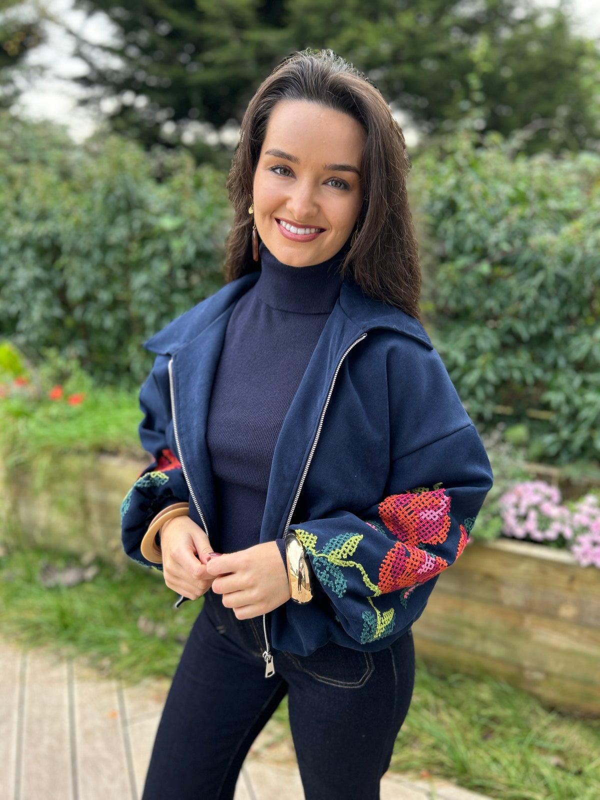 Clara Embroidered Bomber Navy