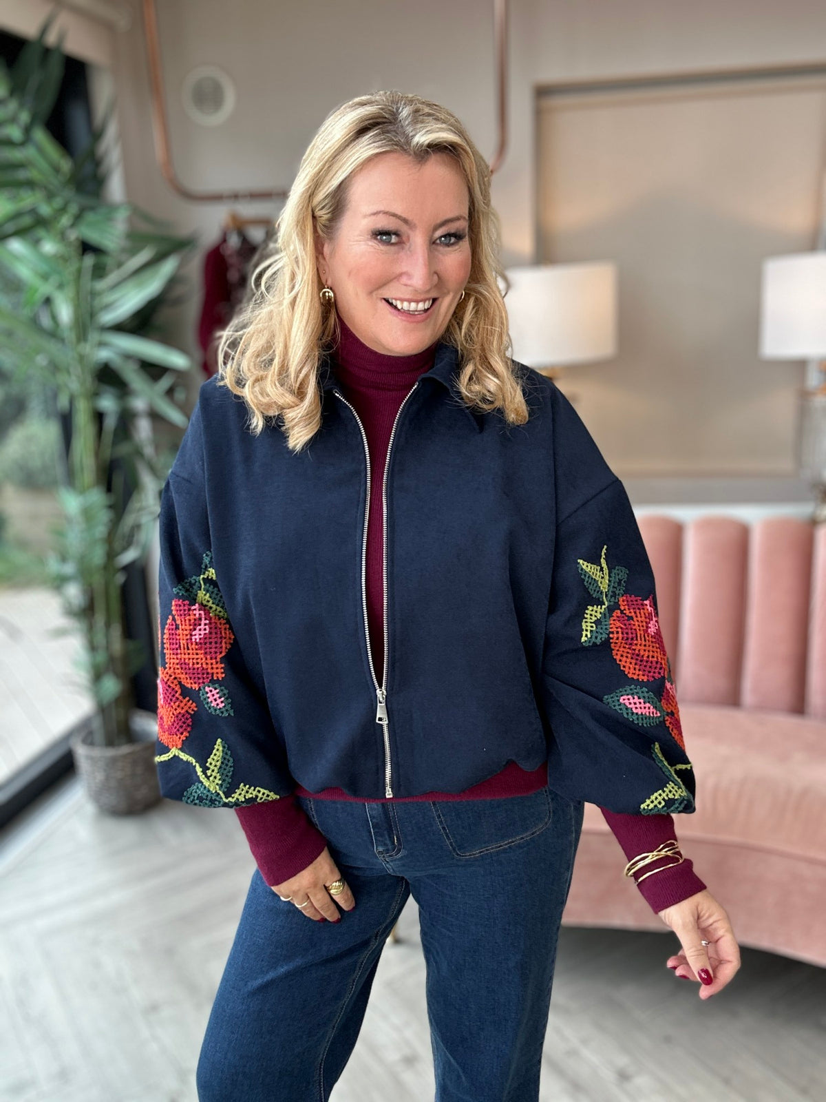 Clara Embroidered Bomber Navy