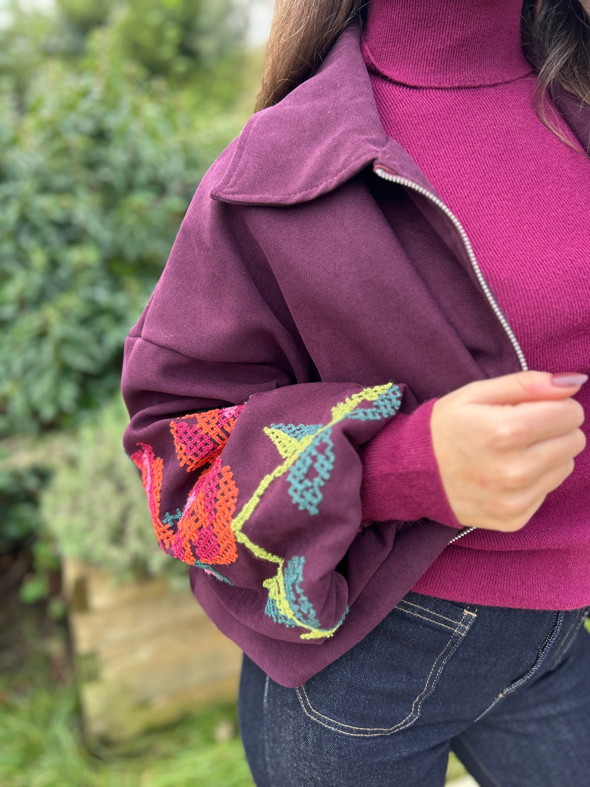 Clara Embroidered Bomber Wine