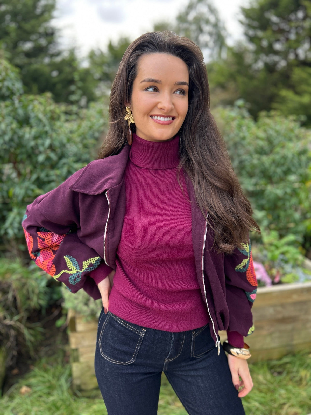 Clara Embroidered Bomber Wine