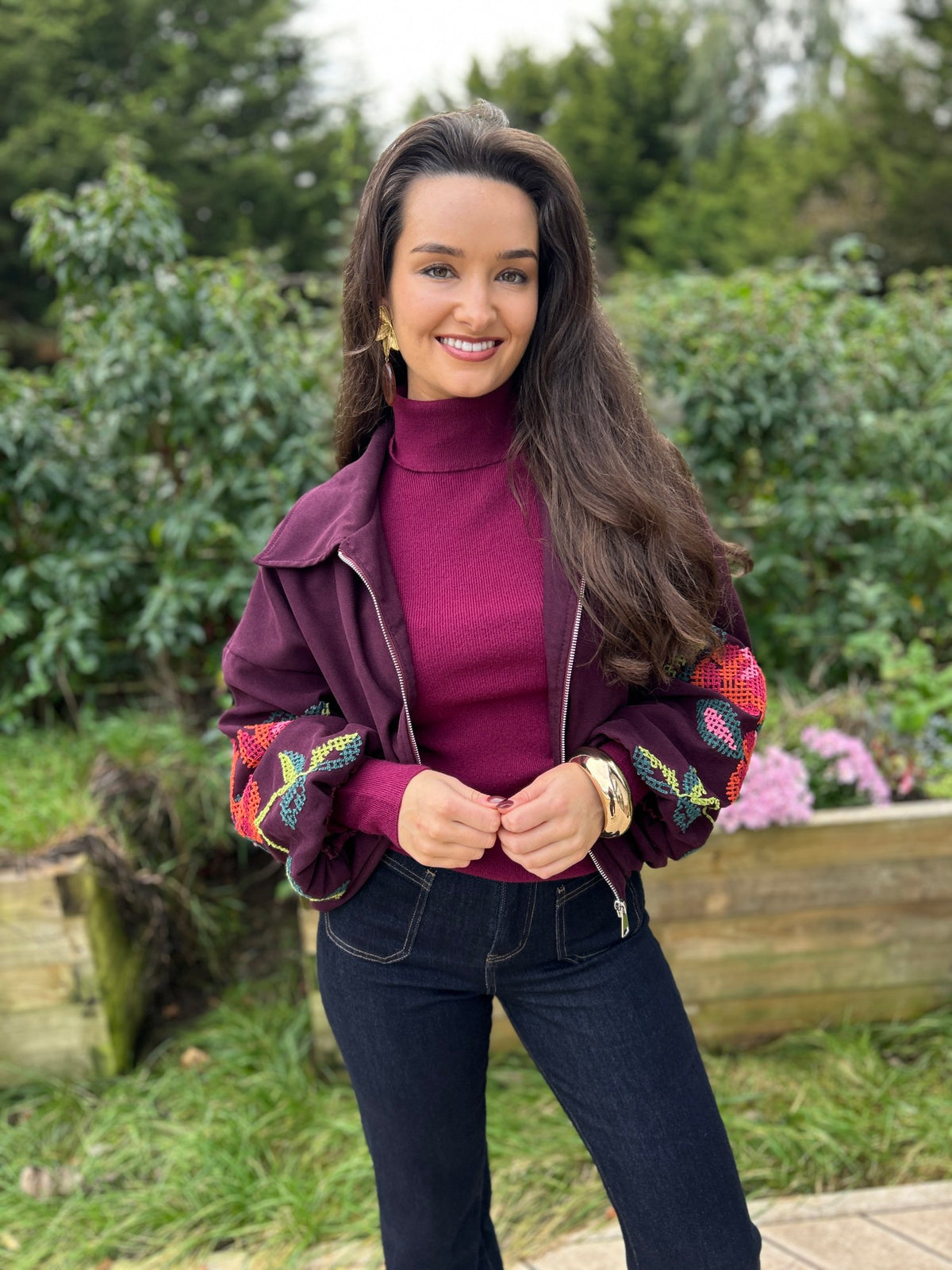 Clara Embroidered Bomber Wine