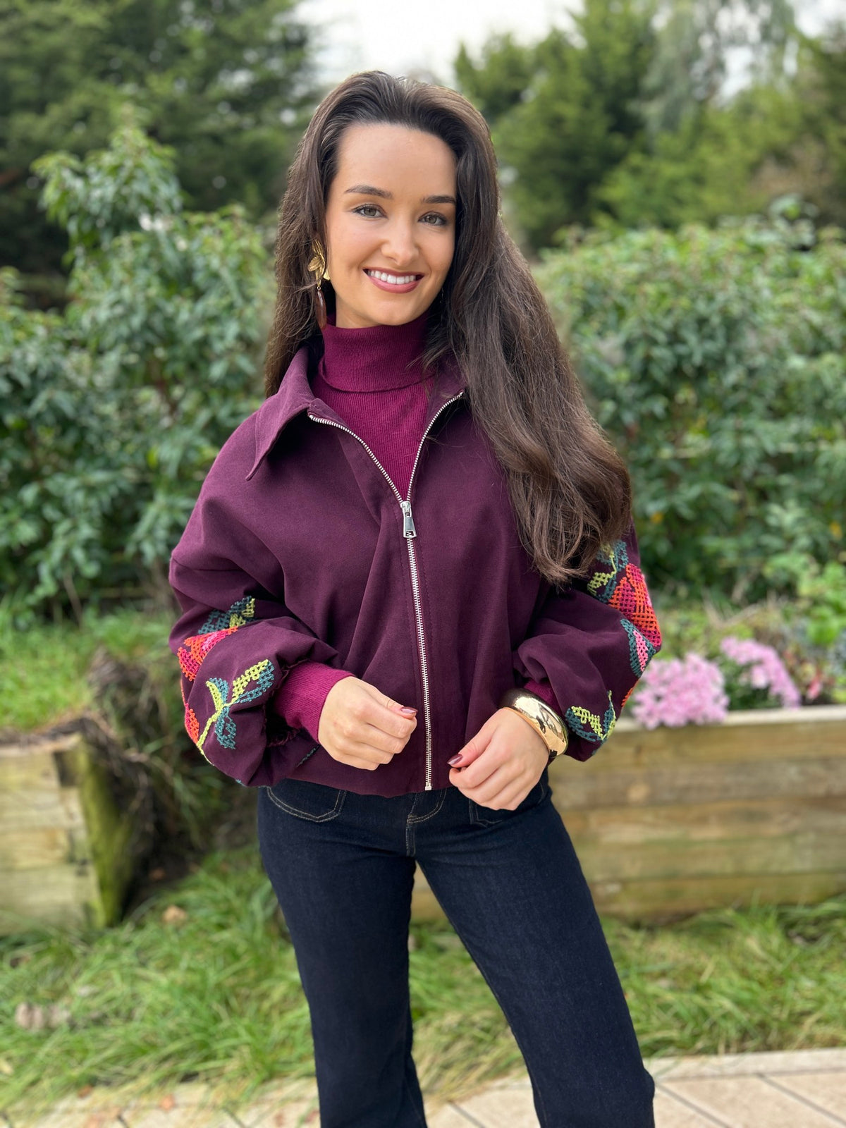 Clara Embroidered Bomber Wine