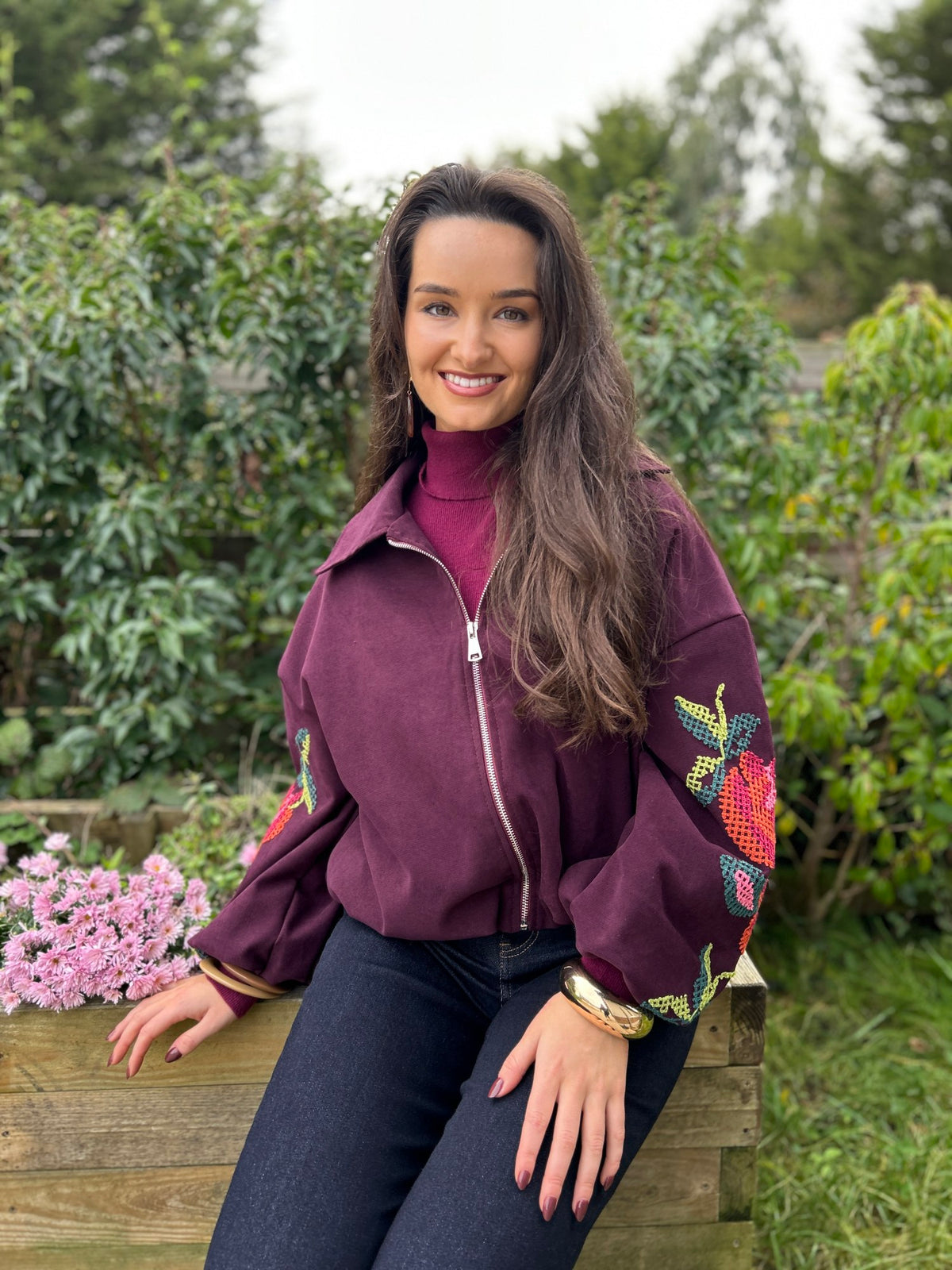 Clara Embroidered Bomber Wine