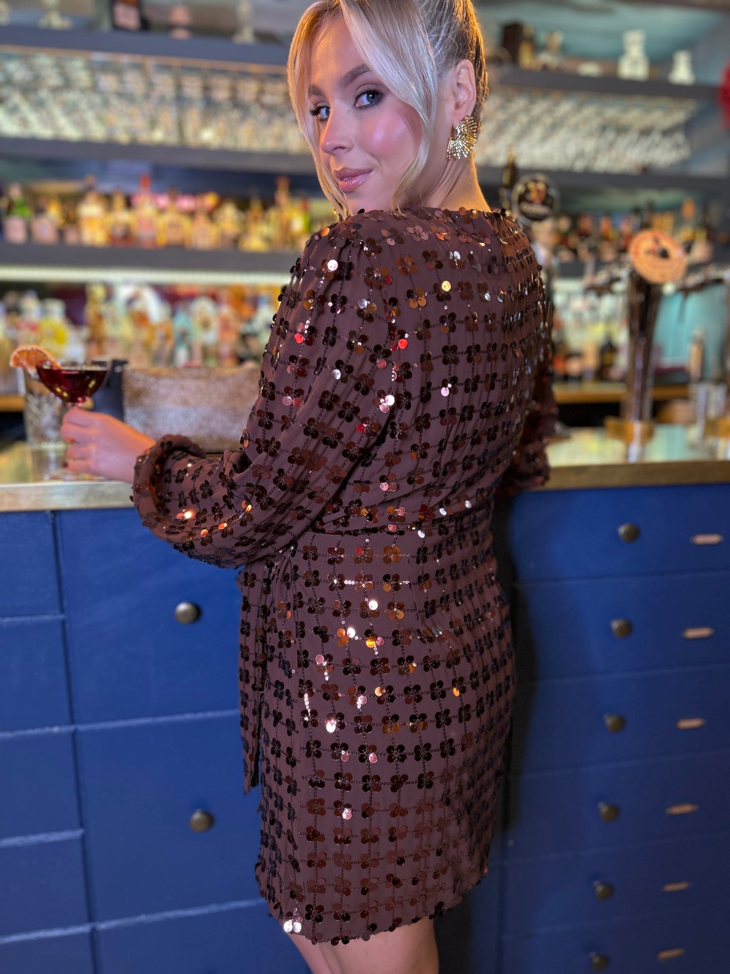 Olivia Sequin Dress Chocolate