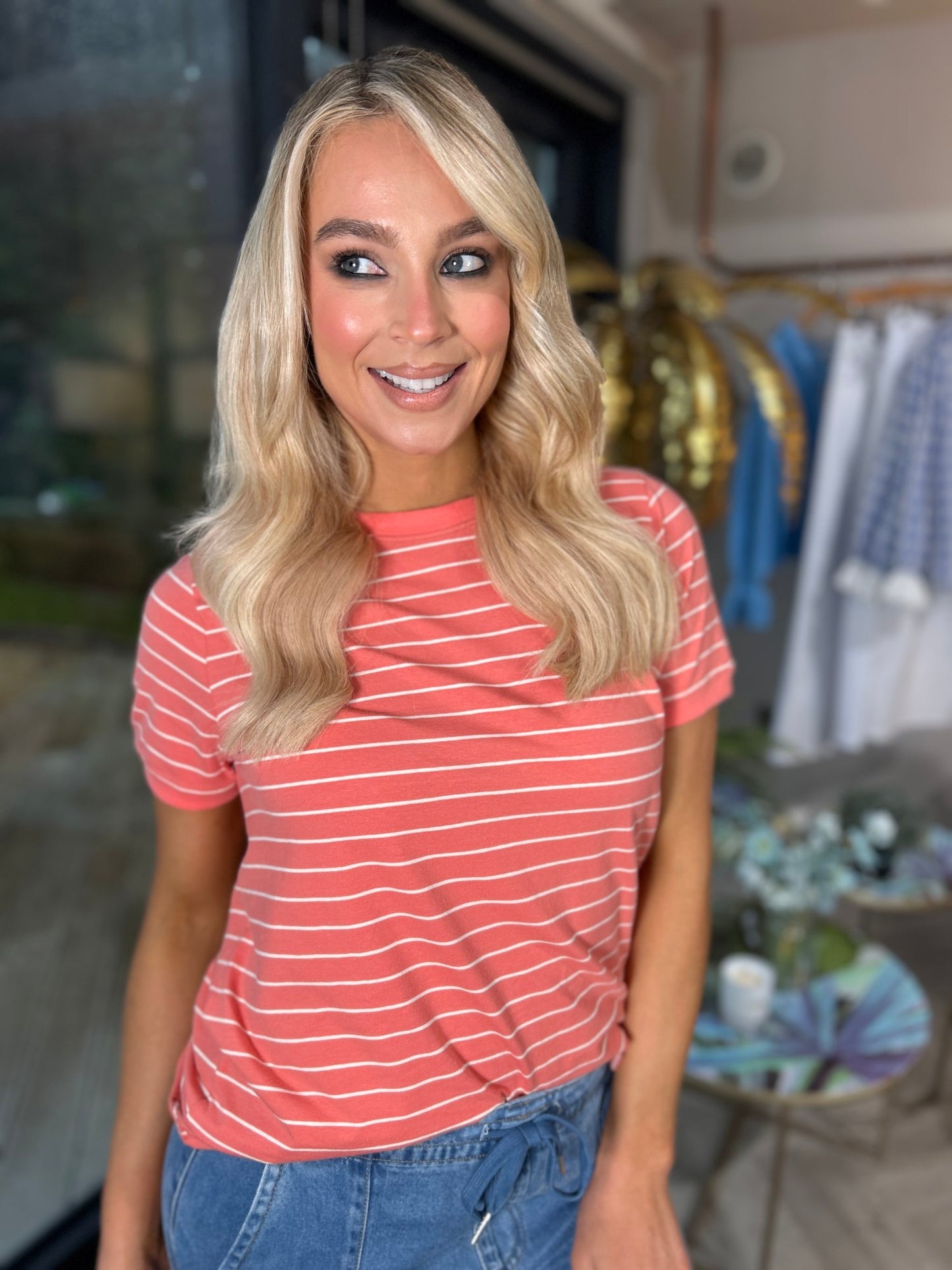 Paula Stripe Tee Coral - Image unknown