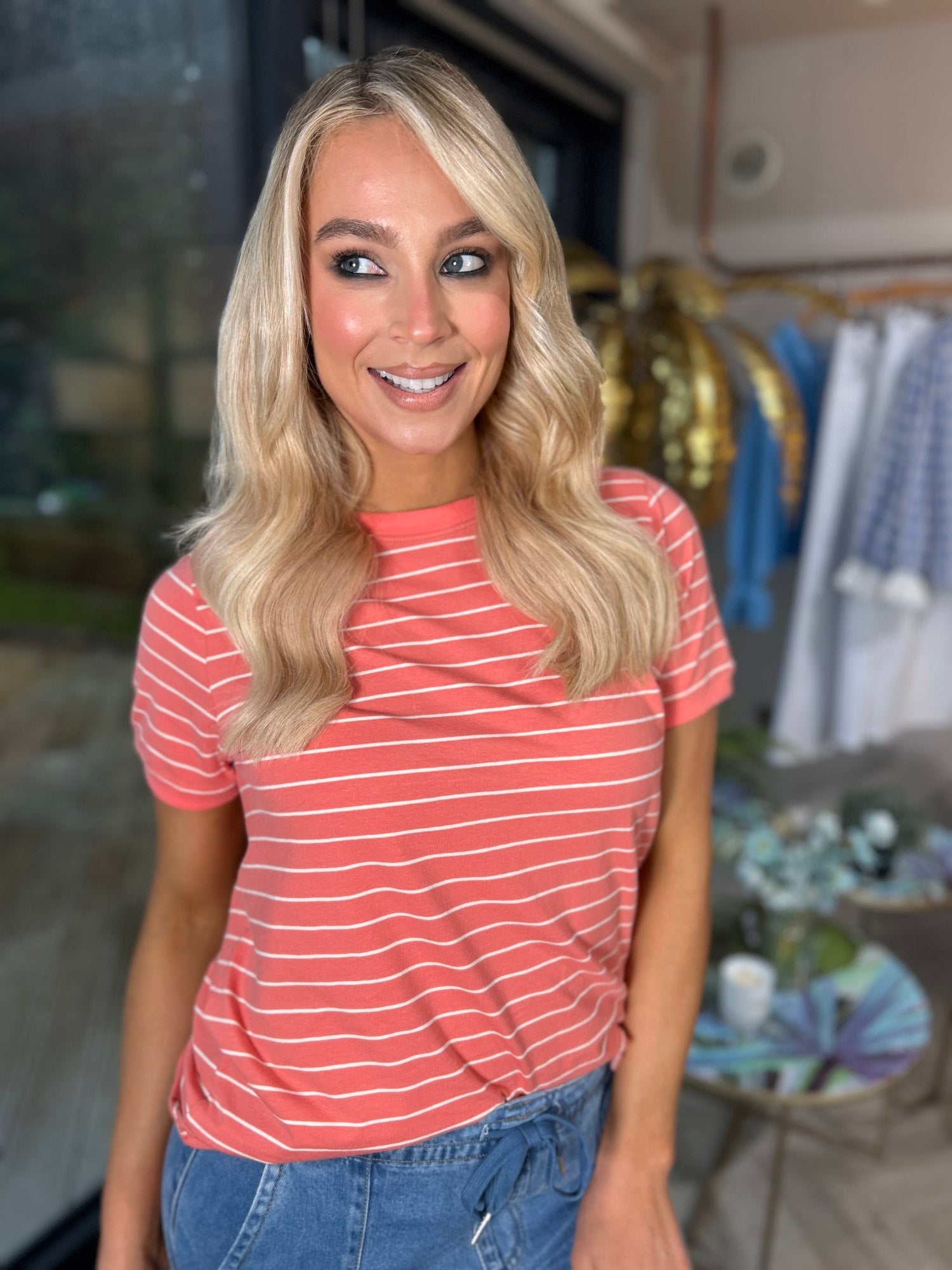 Paula Stripe Tee Coral - Image unknown