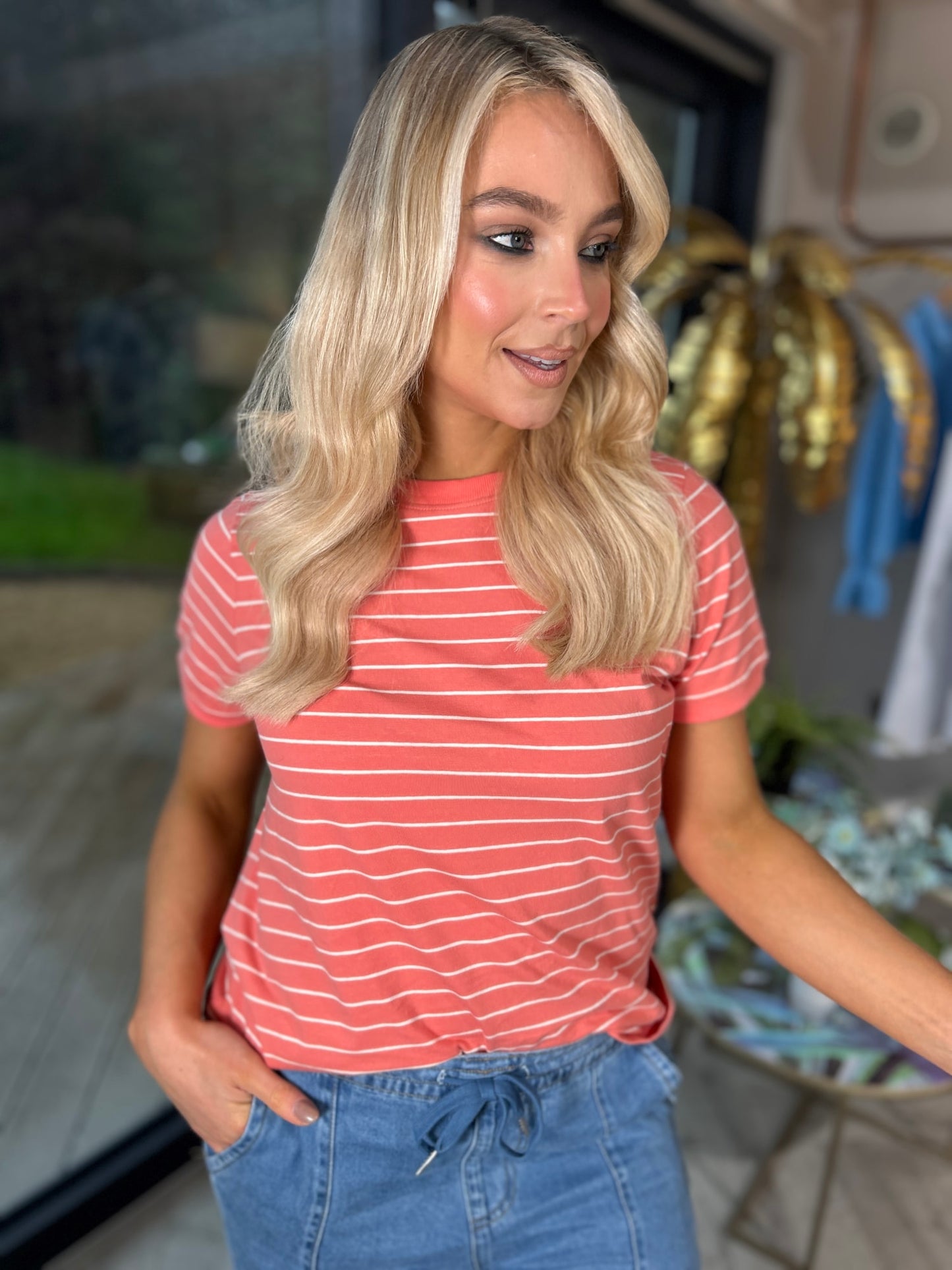 Paula Stripe Tee Coral - Image unknown