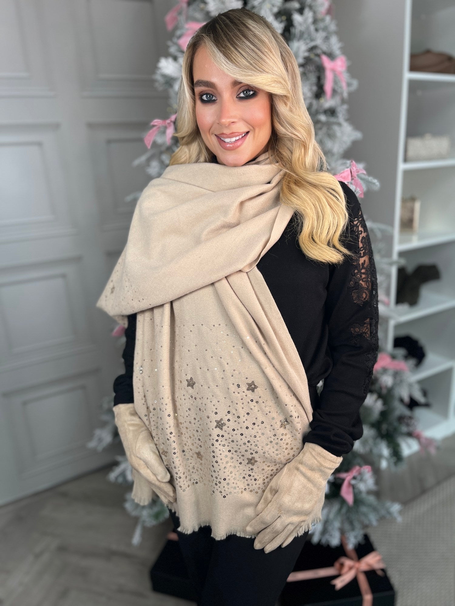 Taupe Sparkle Scarf & Glove Set